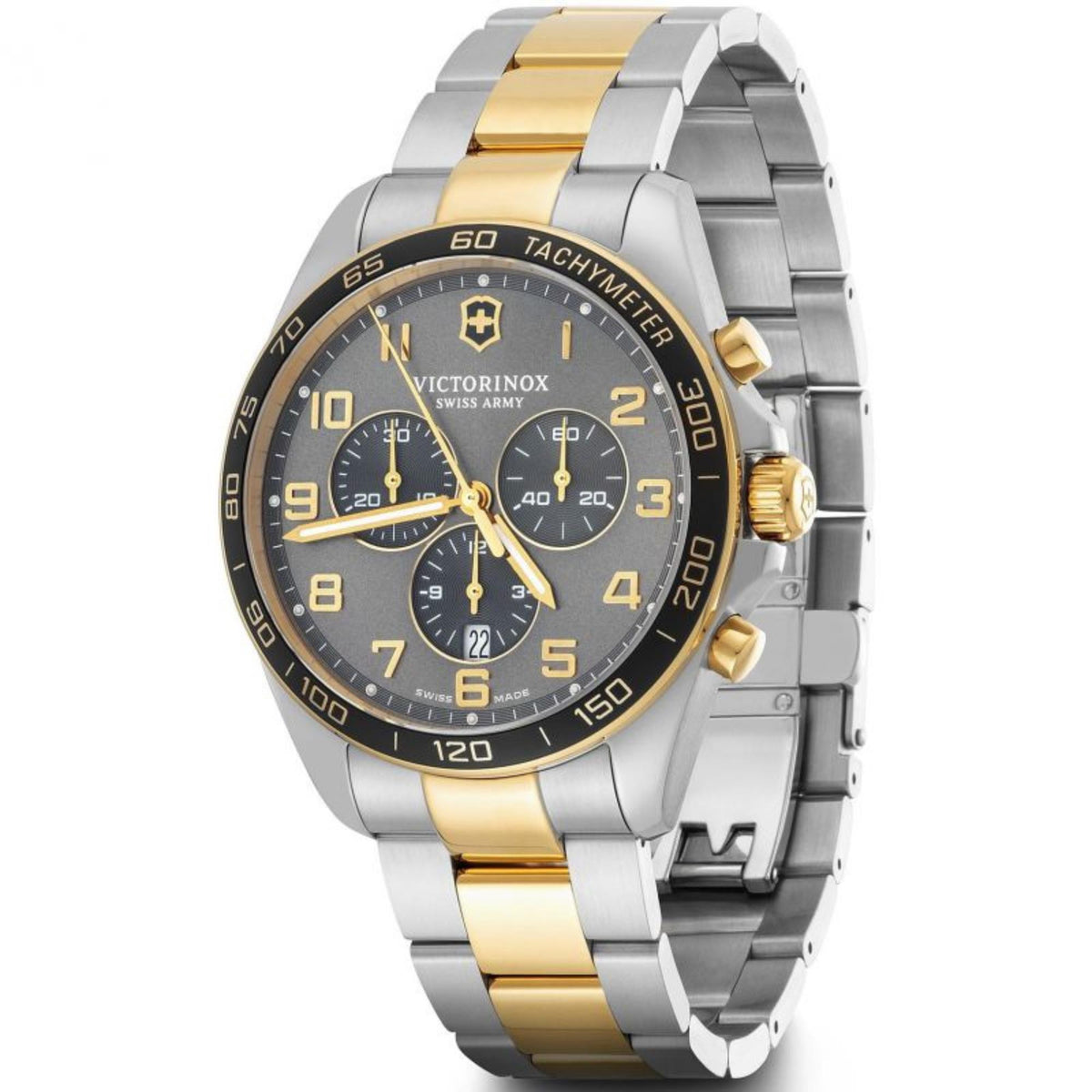 Two-tone stainless steel chronograph watch, dark dial with gold markers and subdials.