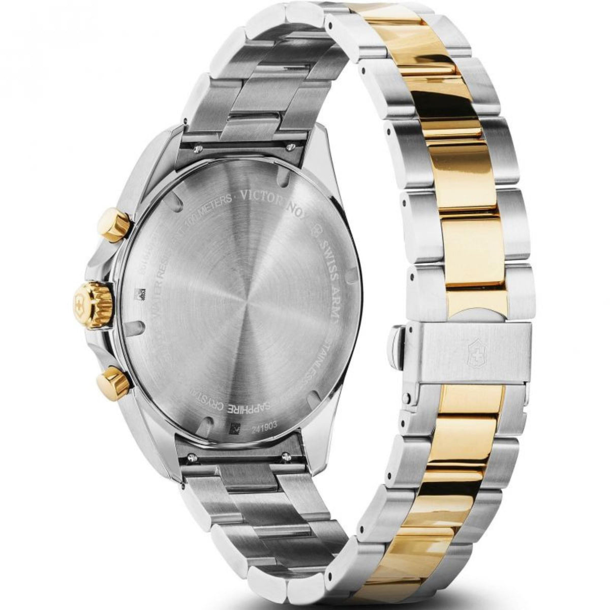 Stainless steel watch case back with brushed metal finish and two-tone bracelet.