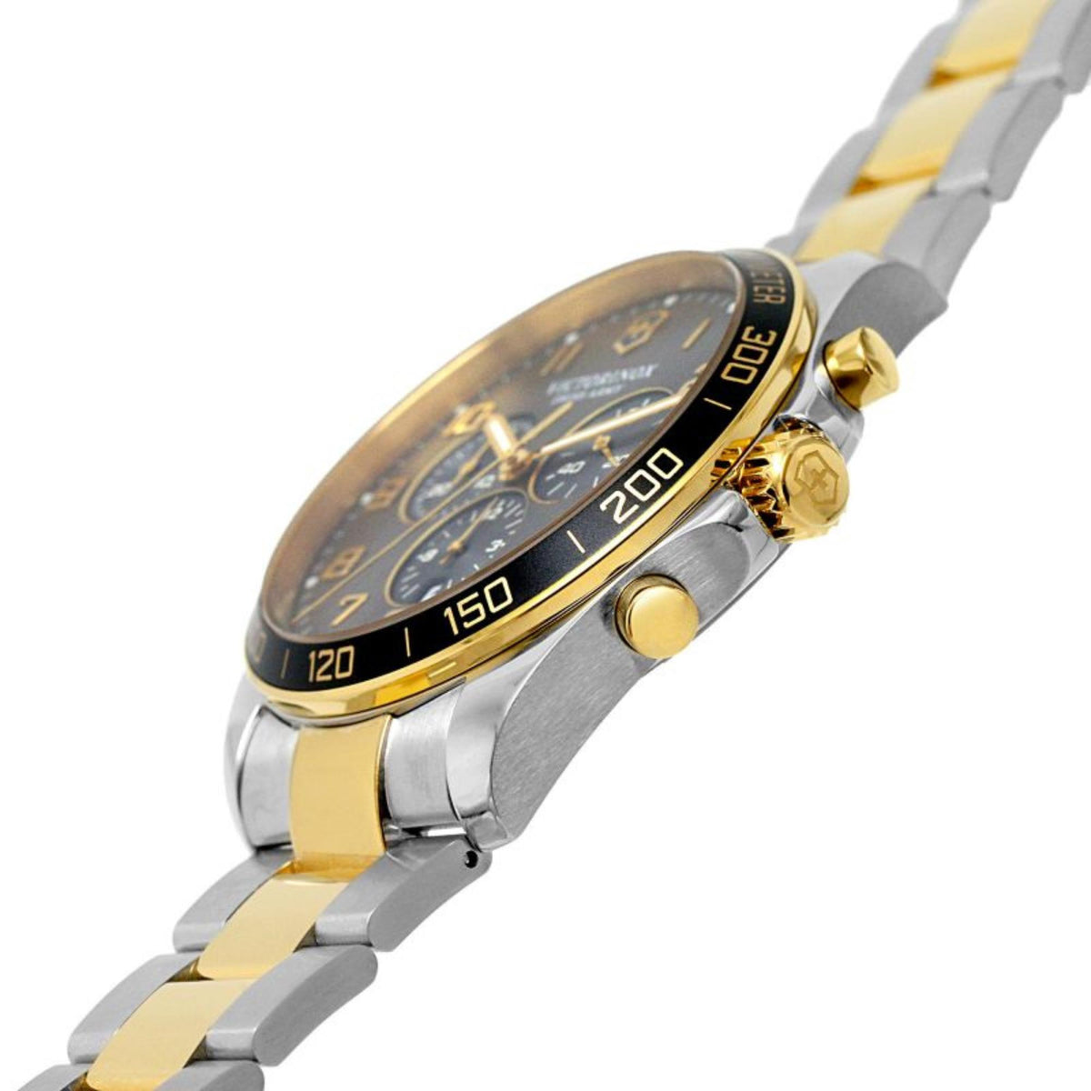 Side view of two-tone stainless steel chronograph watch with gold crown buttons.