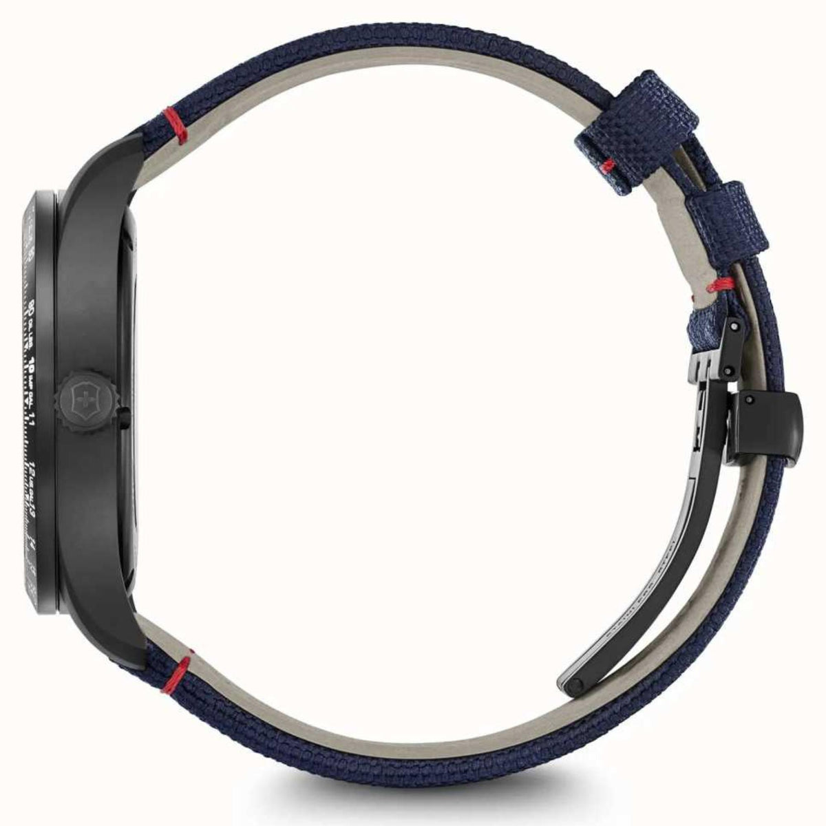 Men's fabric-strap wristwatch side view with crown and blue woven band