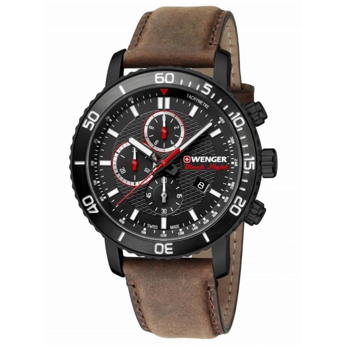 Men's black dial chronograph watch with brown leather strap; black case with side buttons