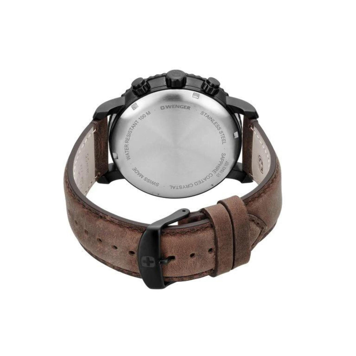 Back of men's watch with brown leather strap, black caseback, and buckle