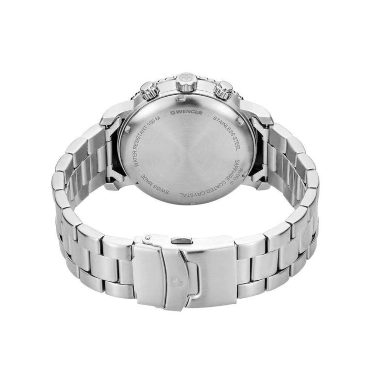 Men's stainless steel watch caseback with linked silver bracelet, stamped markings on back.