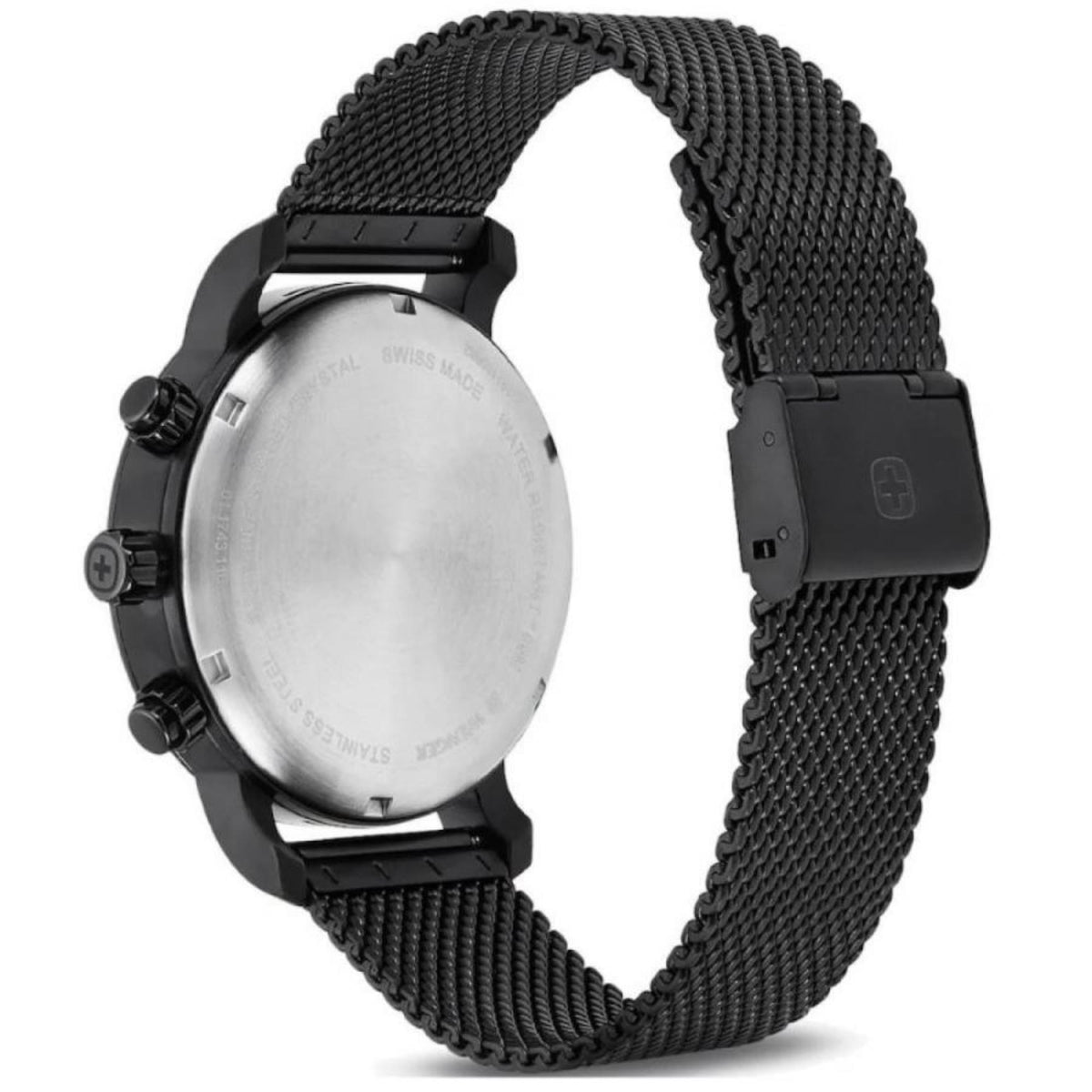 Men's Wenger watch rear view with black mesh bracelet and metal case back