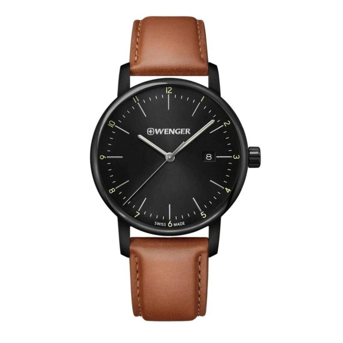 Wenger men's quartz watch with black dial and brown leather strap, black case