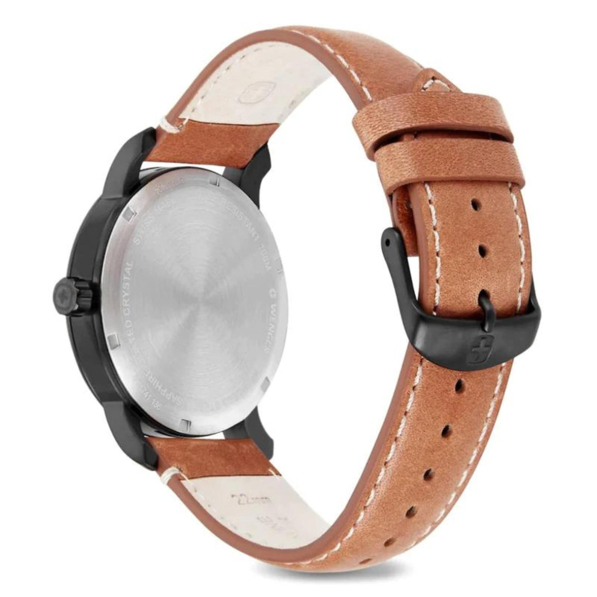 Wenger men's watch case back view with brown leather strap and black clasp