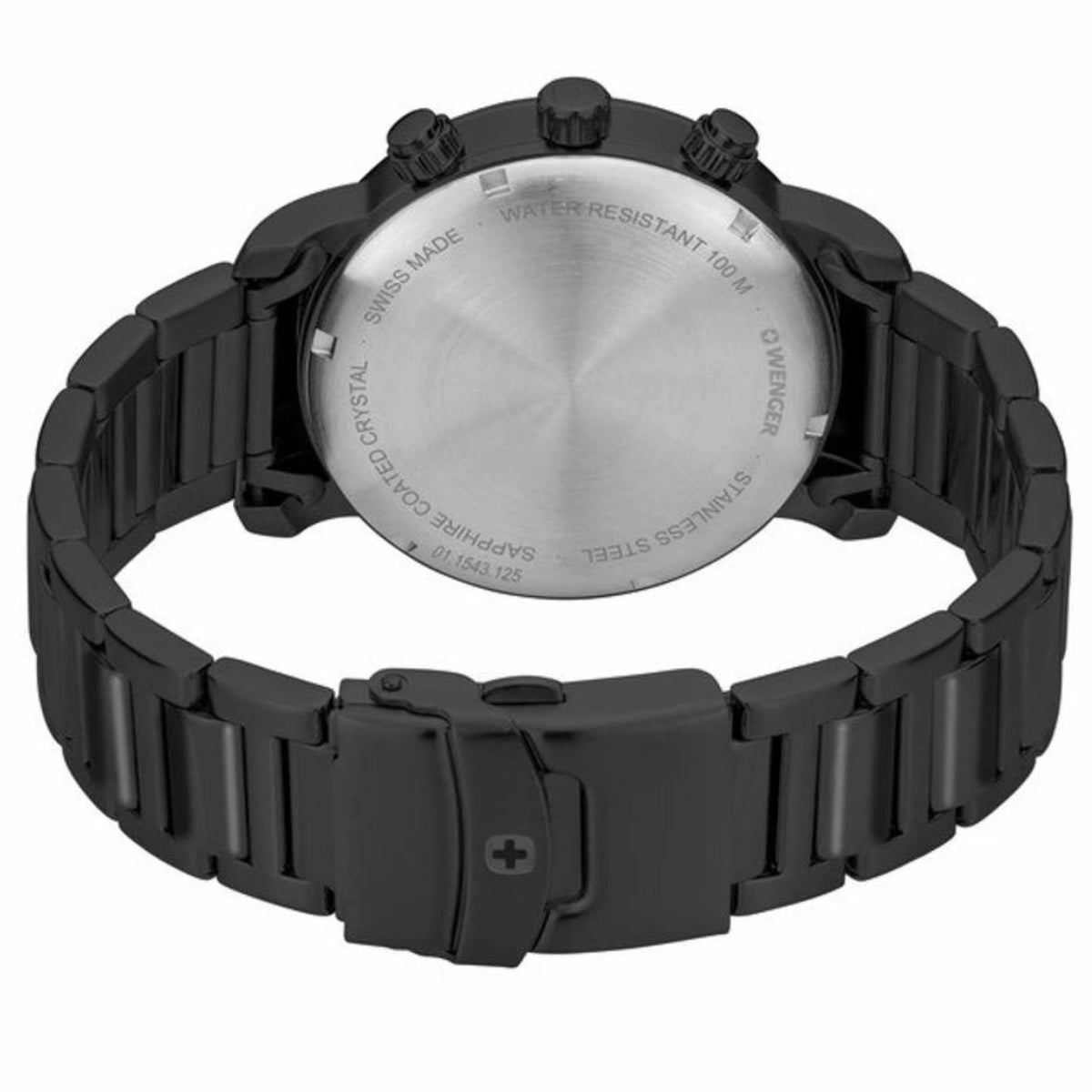 Men's black chronograph watch case back with engraved markings and metal bracelet