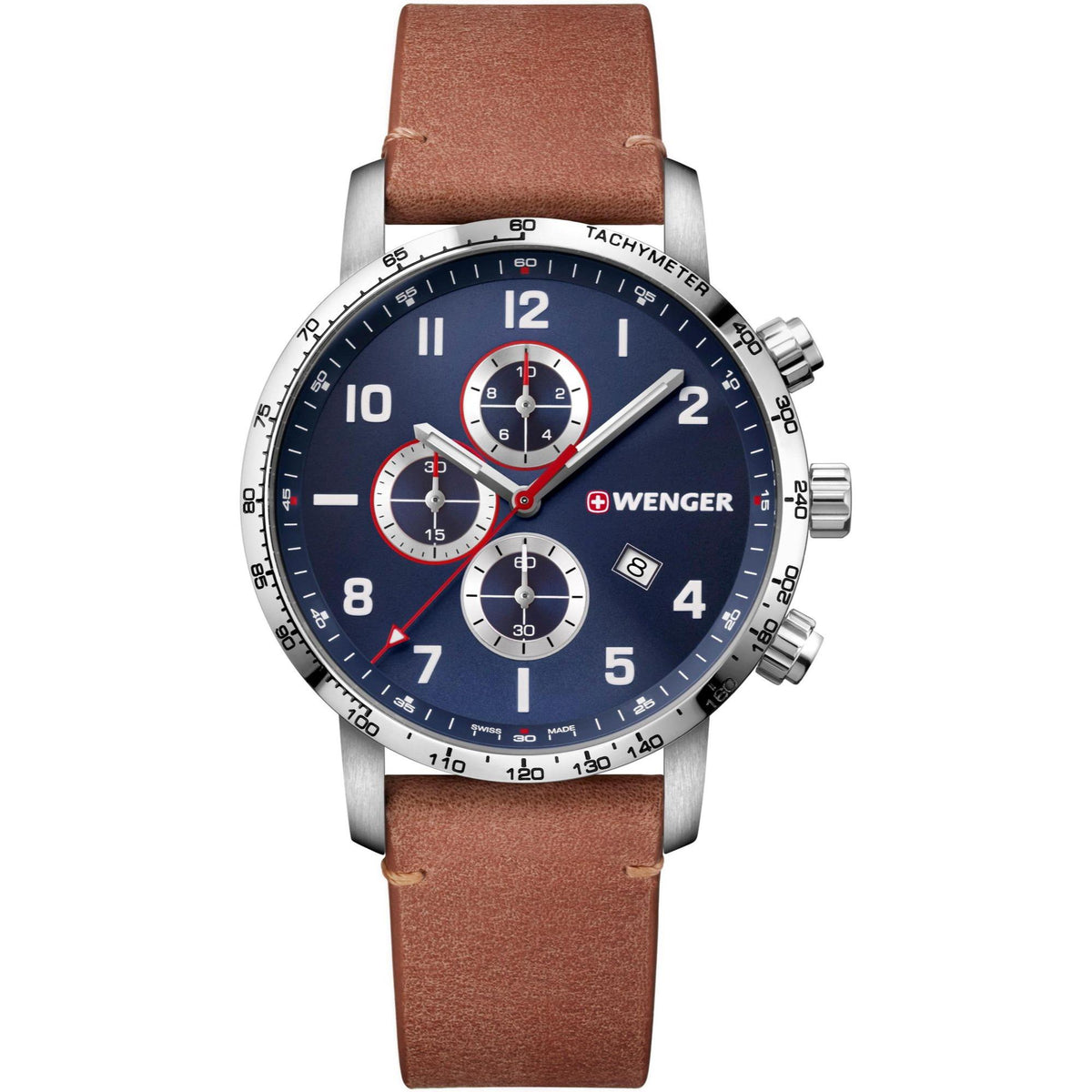 Men's chronograph watch: blue dial, brown leather strap, silver case, pushers.