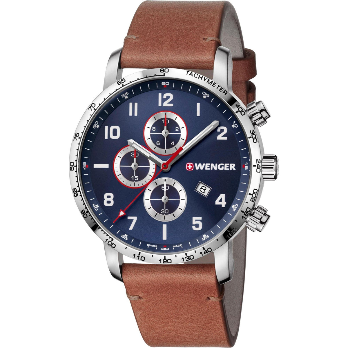Men's chronograph watch, three-quarter view: blue dial, brown leather strap, silver case.