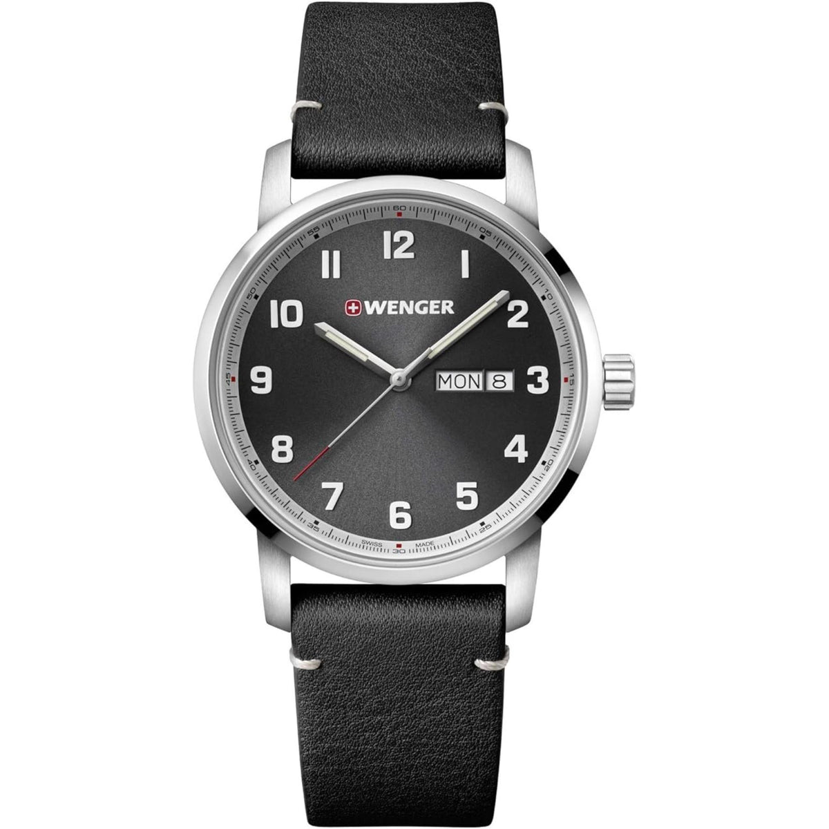 Men's Wenger quartz watch with black leather strap and black dial, silver bezel