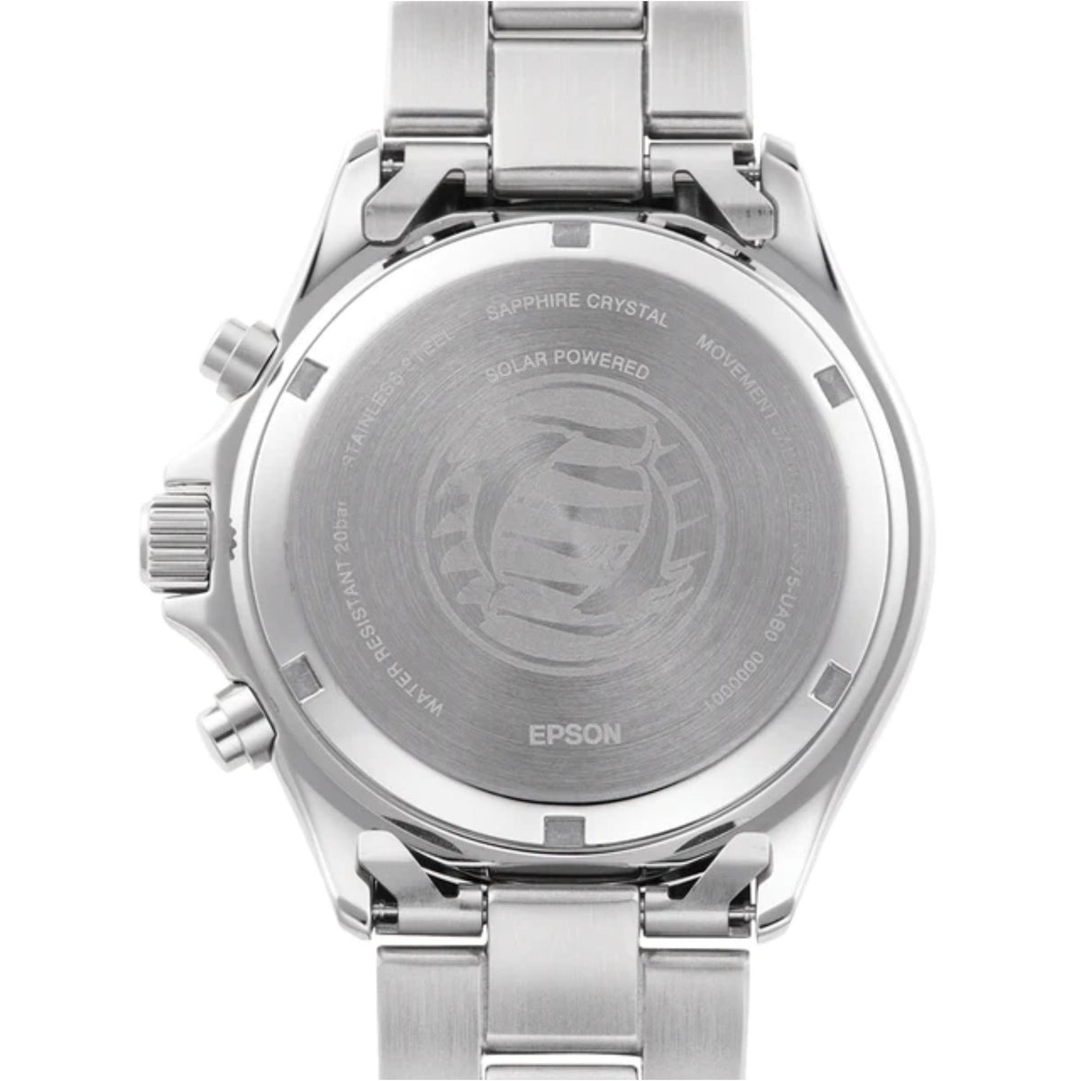 Steel caseback with engraved markings and bracelet links for solar chronograph watch.