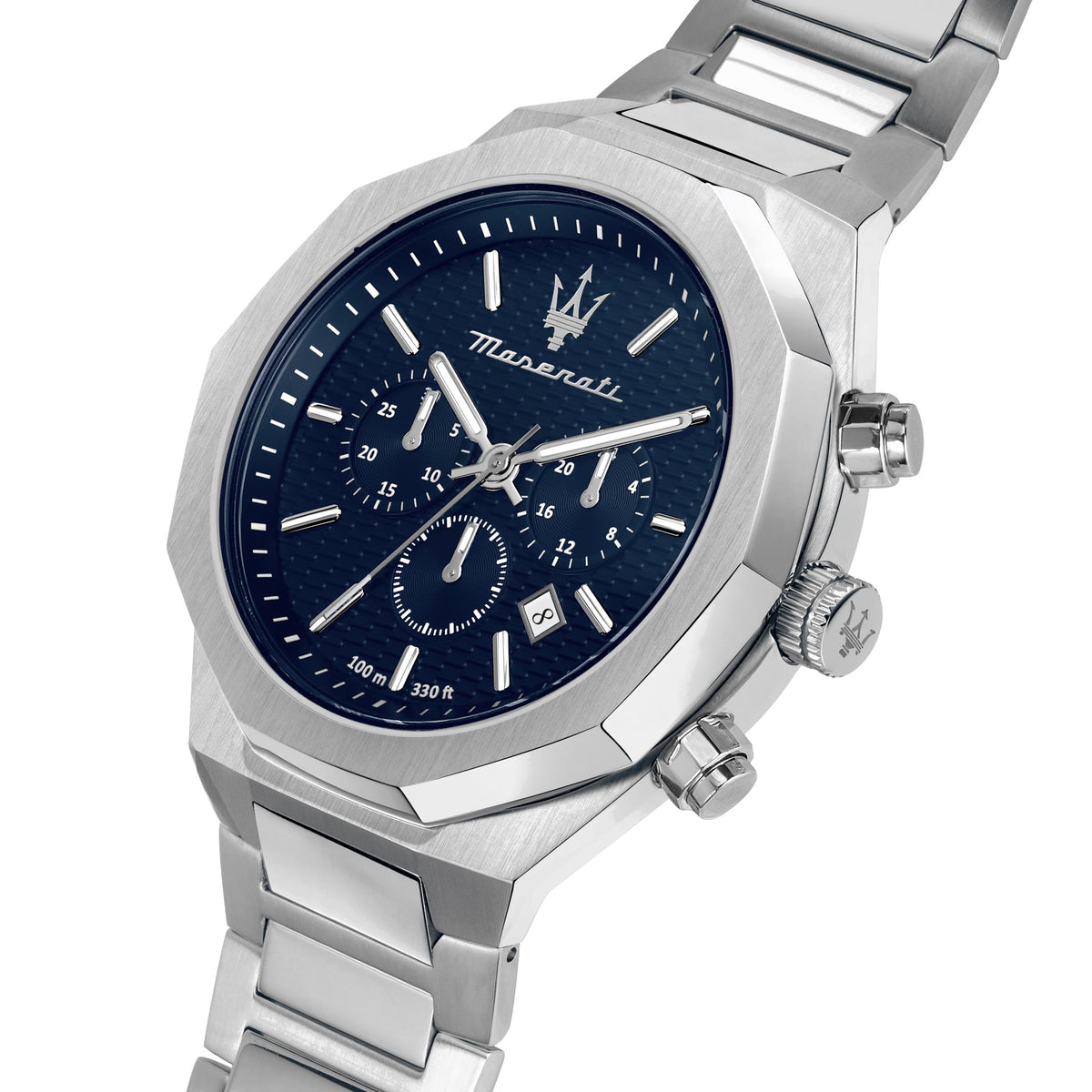 Men's steel Maserati chronograph watch with blue dial and three subdials.