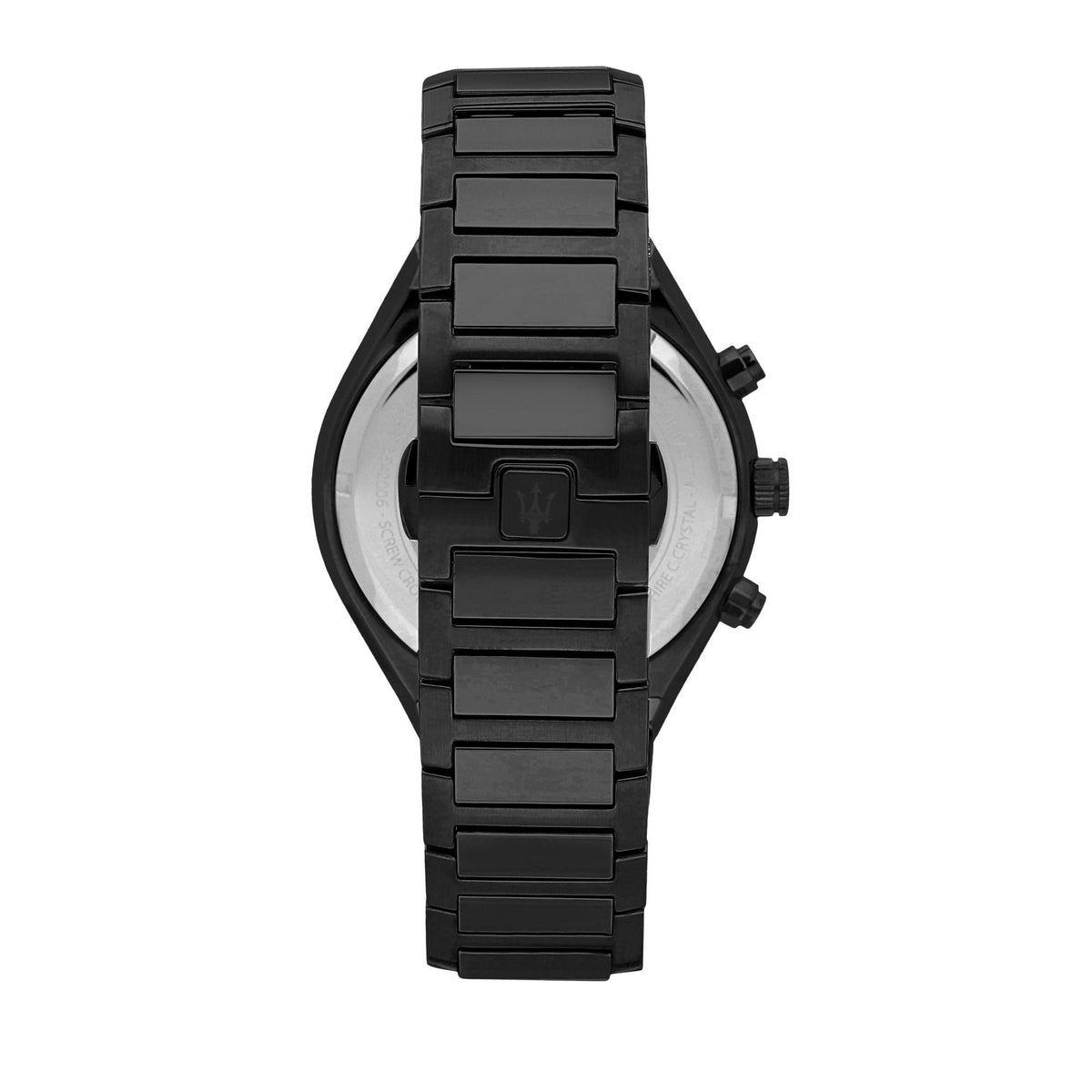 Black chronograph watch case and bracelet, view of clasp and engraved case back.