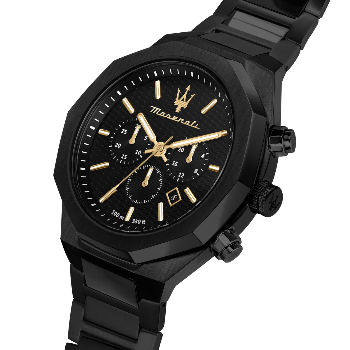 Black chronograph watch with textured dial, gold-tone indices, subdials, and chronograph hands.