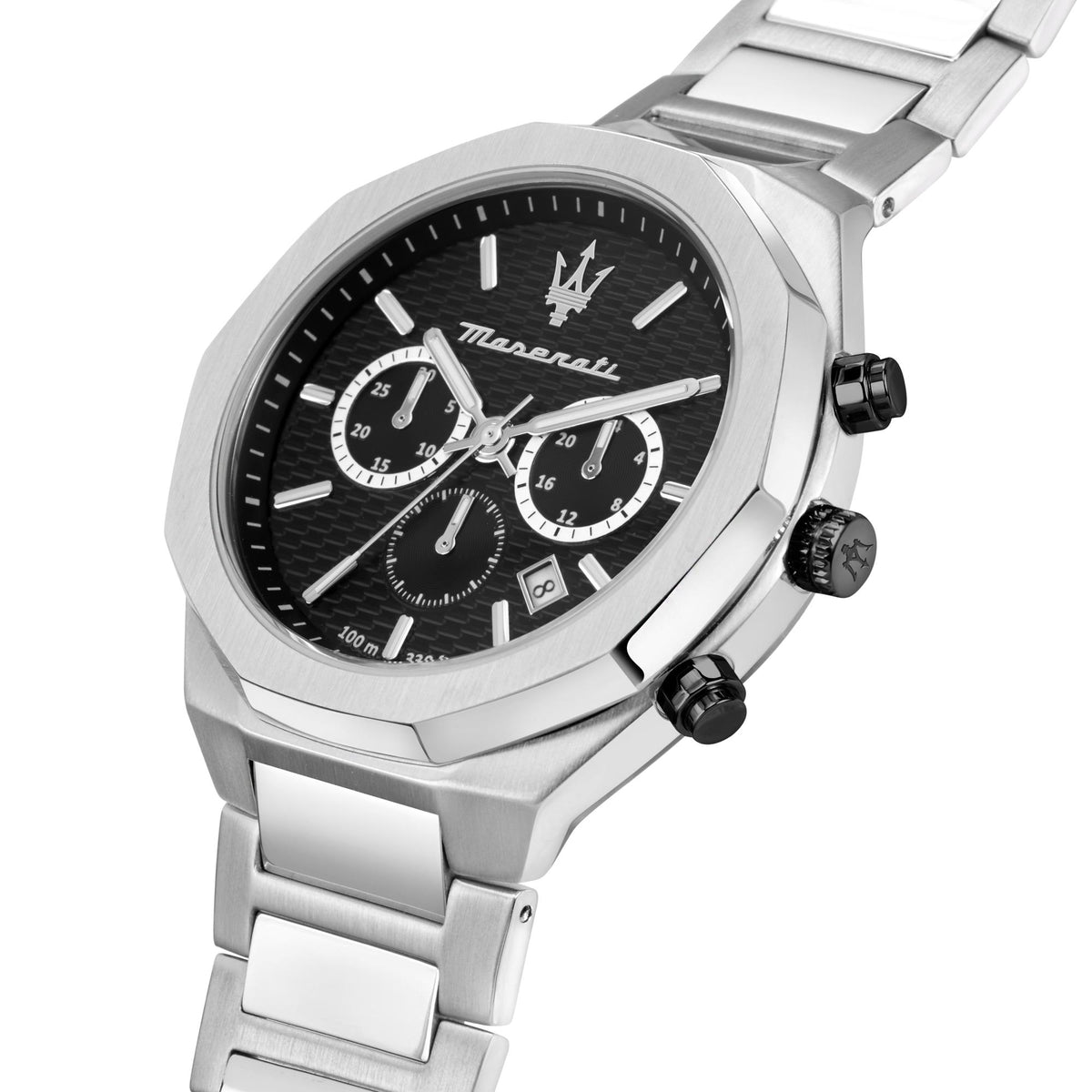 Maserati men’s chronograph watch angled view, black dial with subdials and pushers