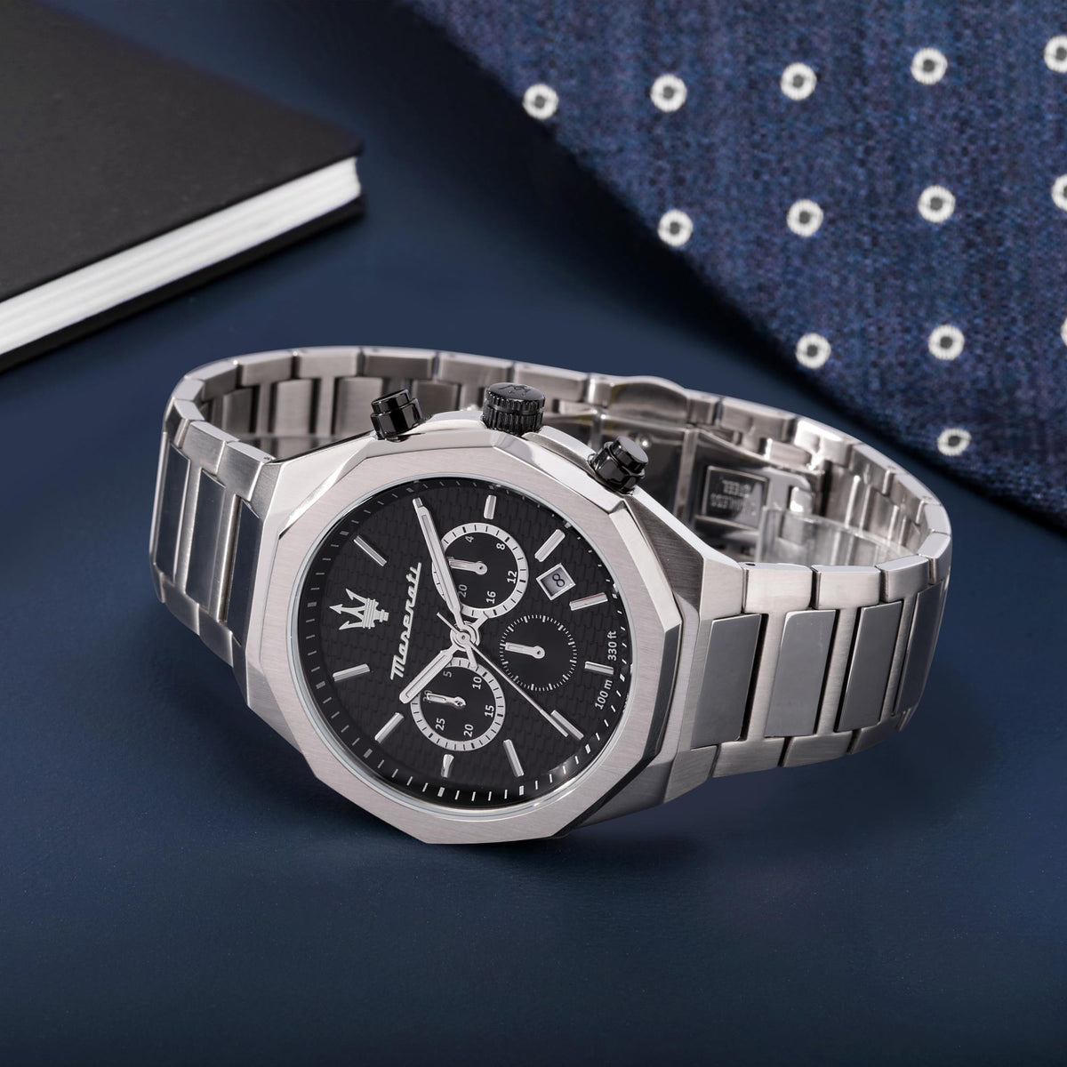 Maserati men’s chronograph watch on steel bracelet with black dial and subdials
