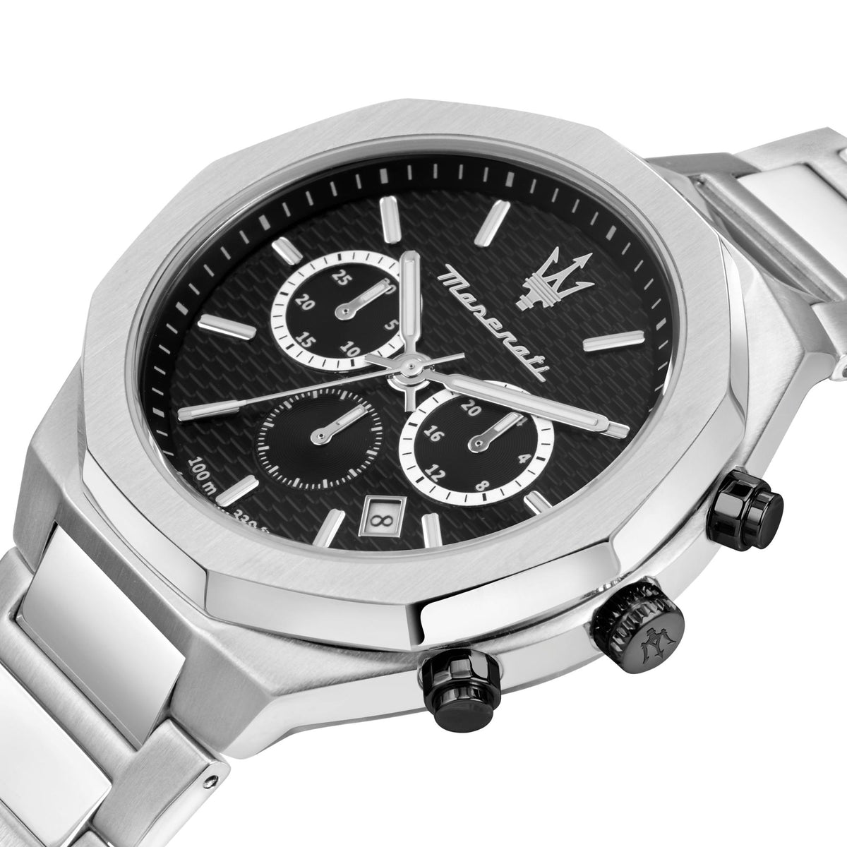 Maserati men’s chronograph watch close-up, black dial with silver hands and markers