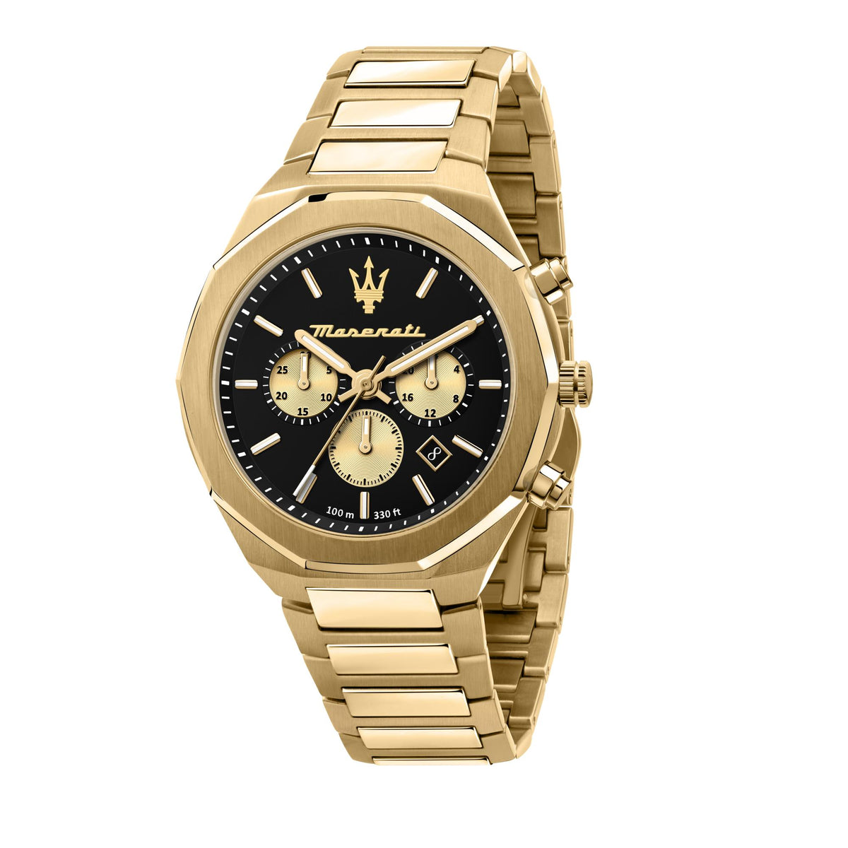 Men's Maserati Stile quartz chronograph watch with gold bracelet and black dial, three subdials