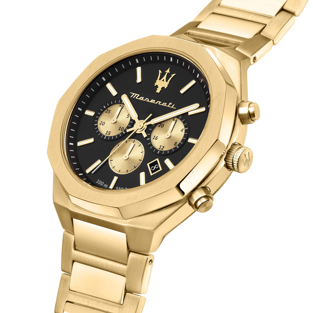 Gold Maserati chronograph watch with black dial and cream subdials, crown side visible
