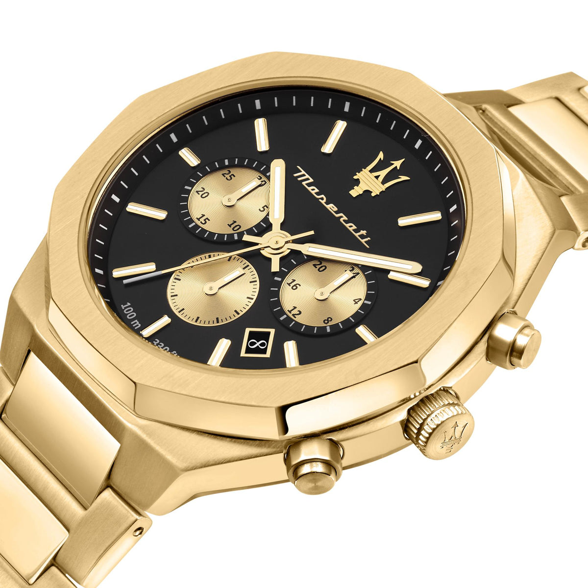 Gold Maserati chronograph watch dial close-up with black face, roman numerals, and subdials
