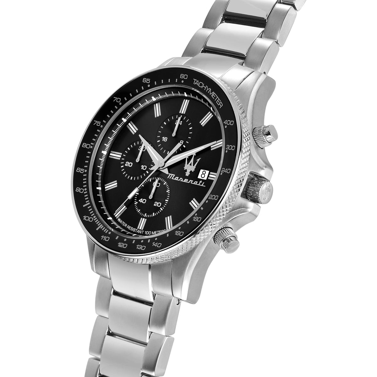 Stainless steel chronograph watch with black dial, tachymeter ring, and date at 8