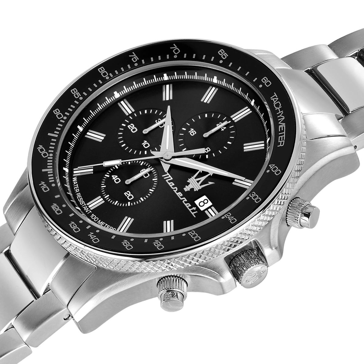 Close-up of men's steel chronograph watch with black dial, subdials, and date window