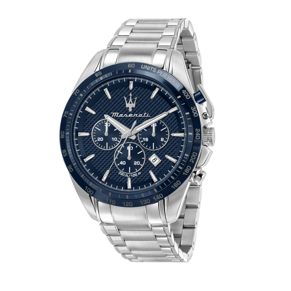Maserati Traguardo quartz chronograph men’s watch with blue dial and steel bracelet