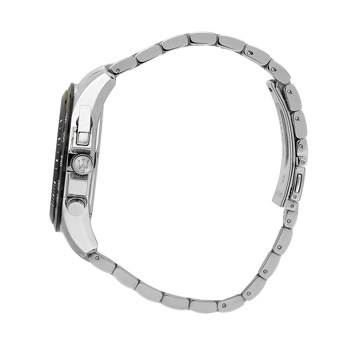 Steel bracelet watch back view with clasp and engraved links.
