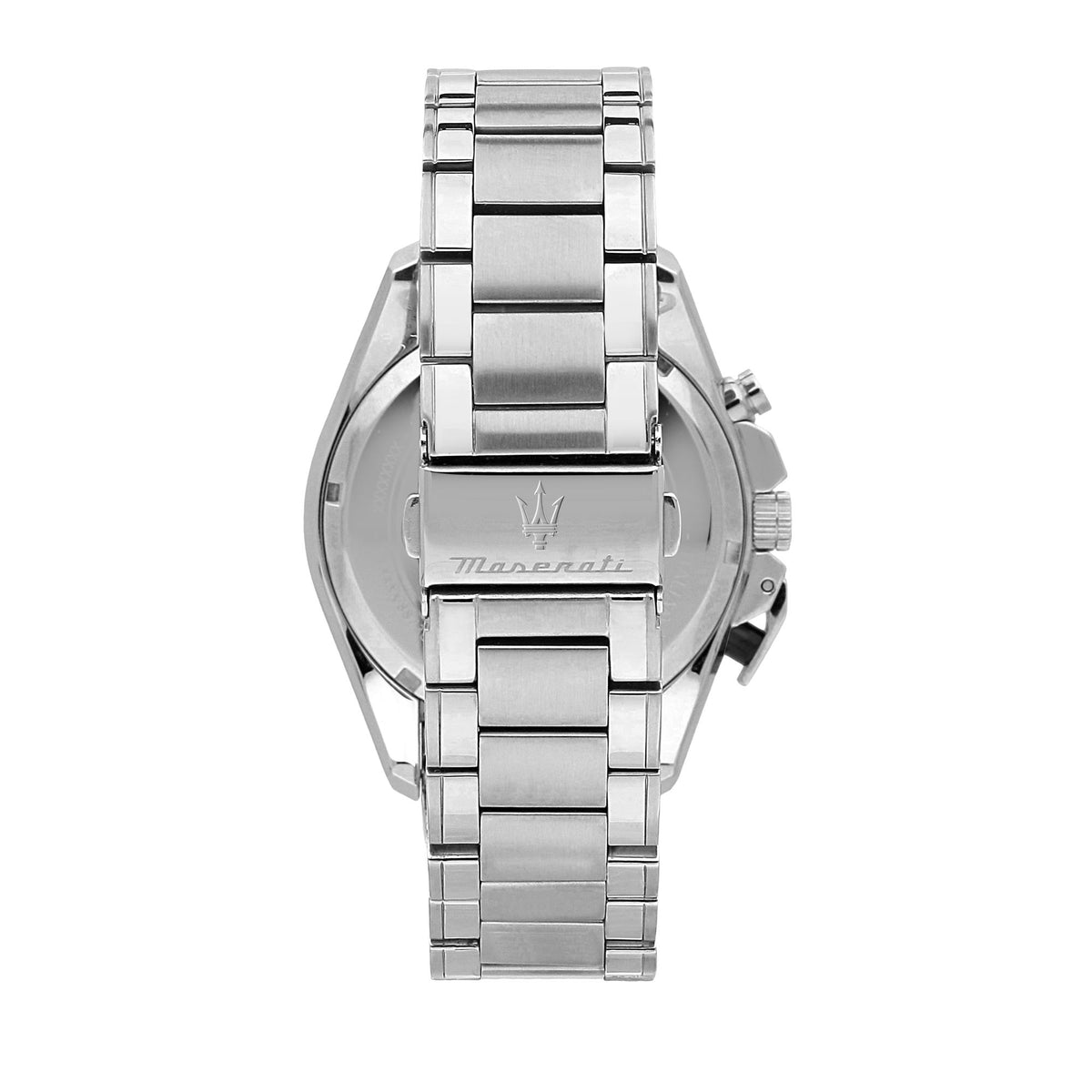 Steel wristwatch case back view with engraved Maserati logo on bracelet.