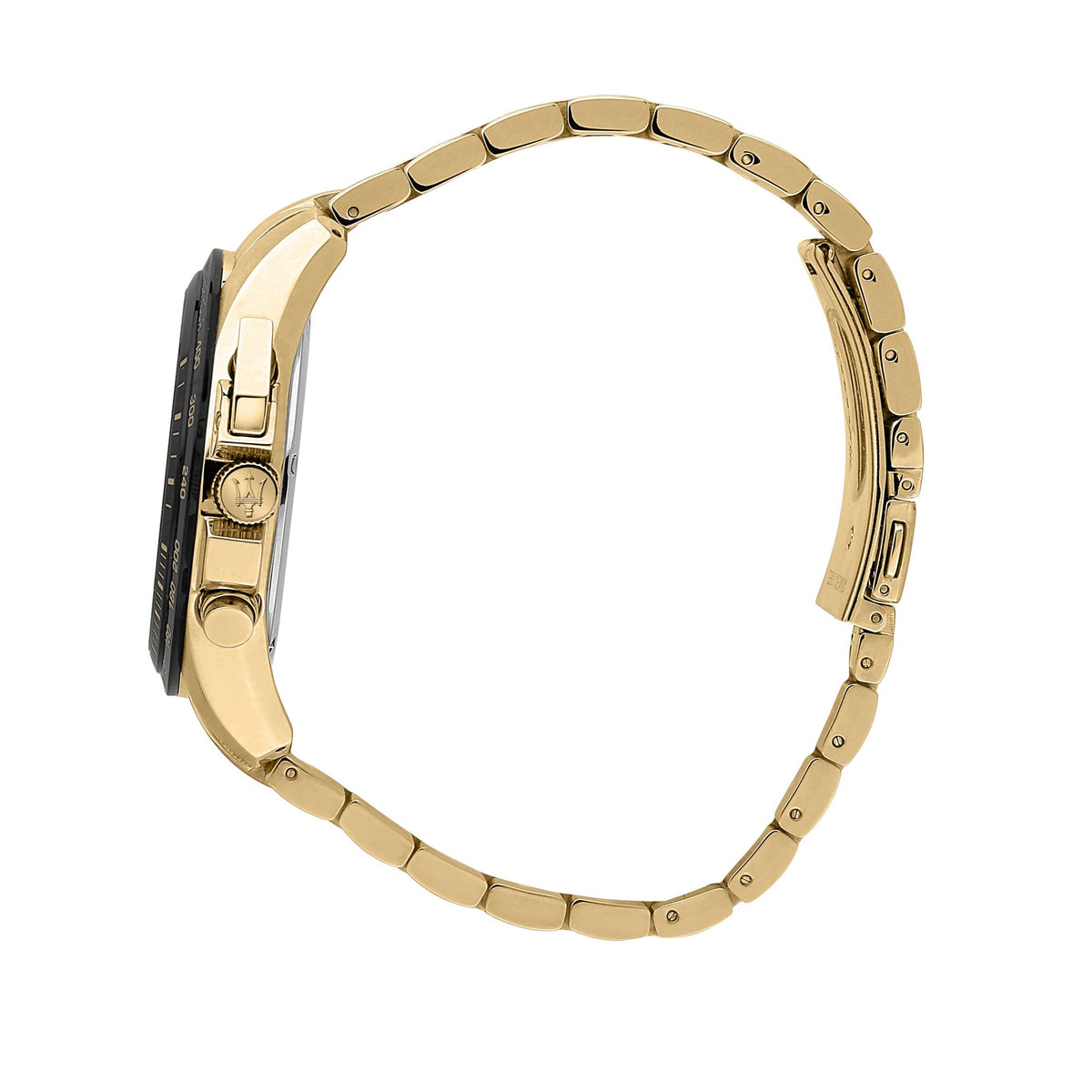 Maserati men's gold steel watch bracelet with clasp and linked links, black side panel