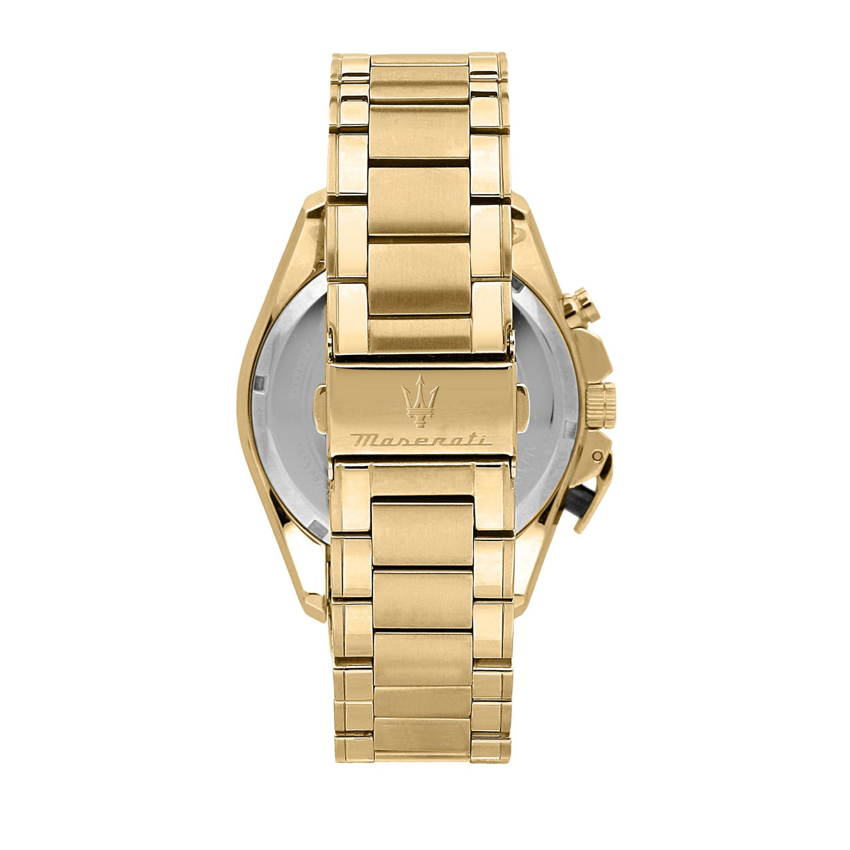 Maserati men's gold watch case back view with bracelet links and embossed logo