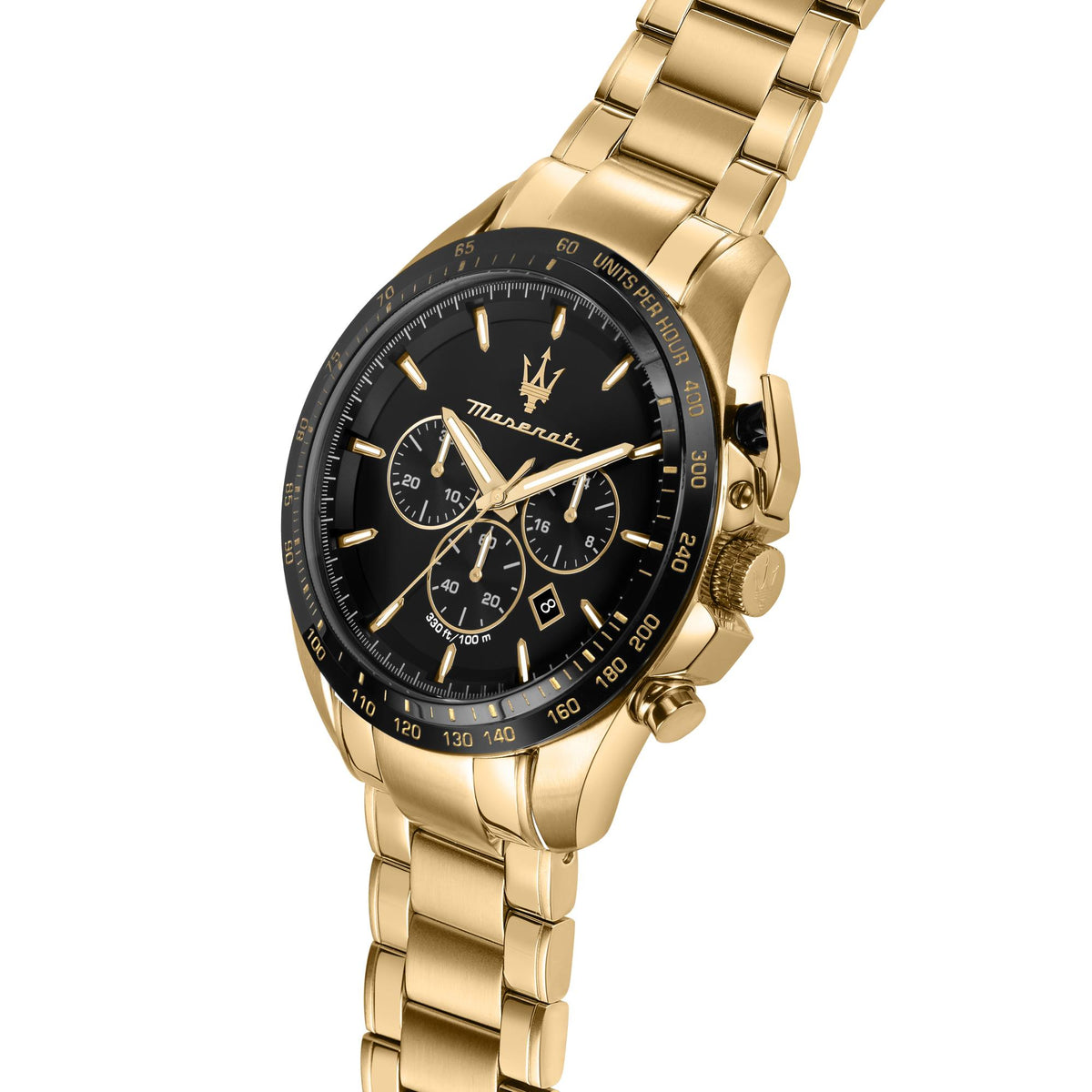 Maserati men's chronograph watch with black dial, gold bezel, and side pushers