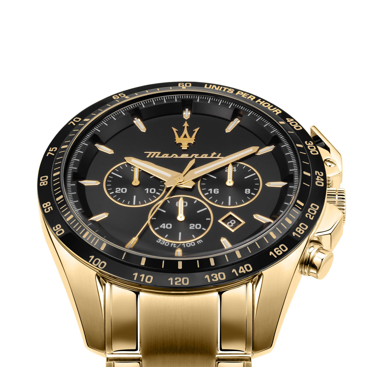 Maserati men's chronograph watch dial close-up with black face and gold hands