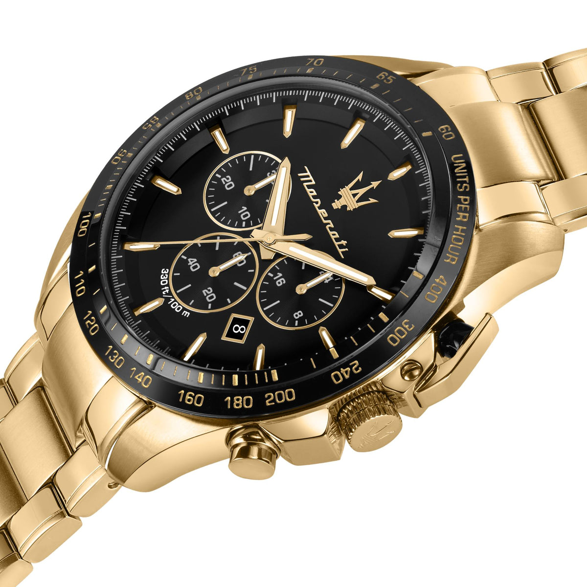 Maserati men's chronograph watch close-up showing black dial, gold markers, subdials