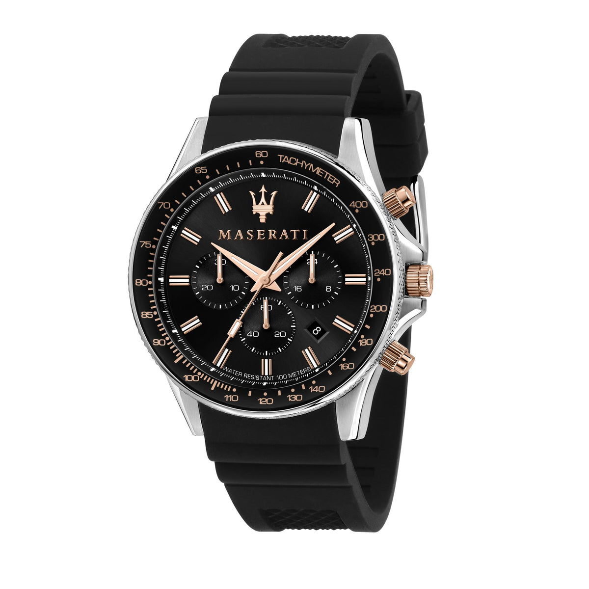 Men's Maserati chronograph watch with black silicone strap, black dial, rose-gold hands