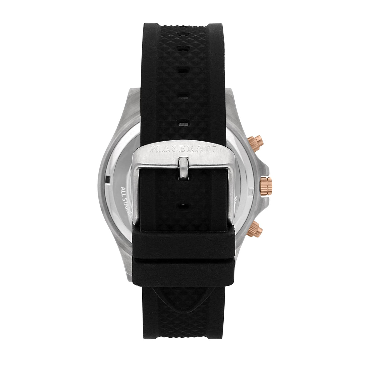 Men's Maserati watch rear/side view with black textured strap and rose-gold crown accents