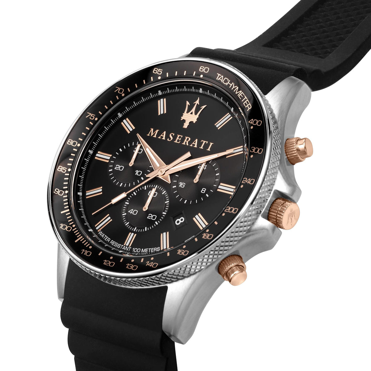 Men's Maserati chronograph watch close-up, black dial with tachymeter bezel, black silicone strap