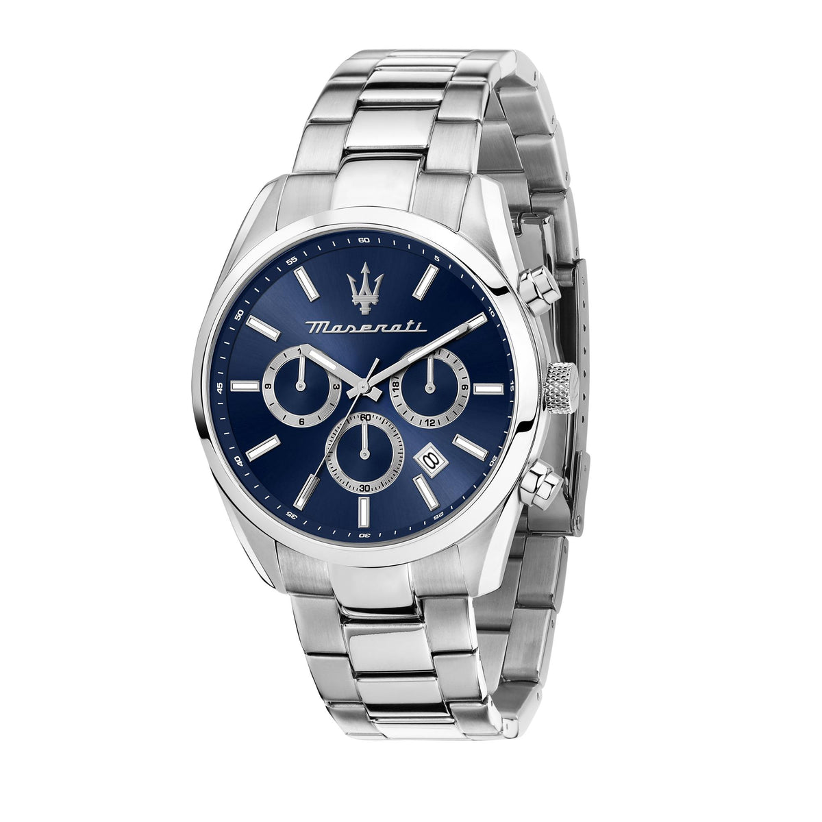 Men's steel bracelet chronograph watch with blue dial and three subdials