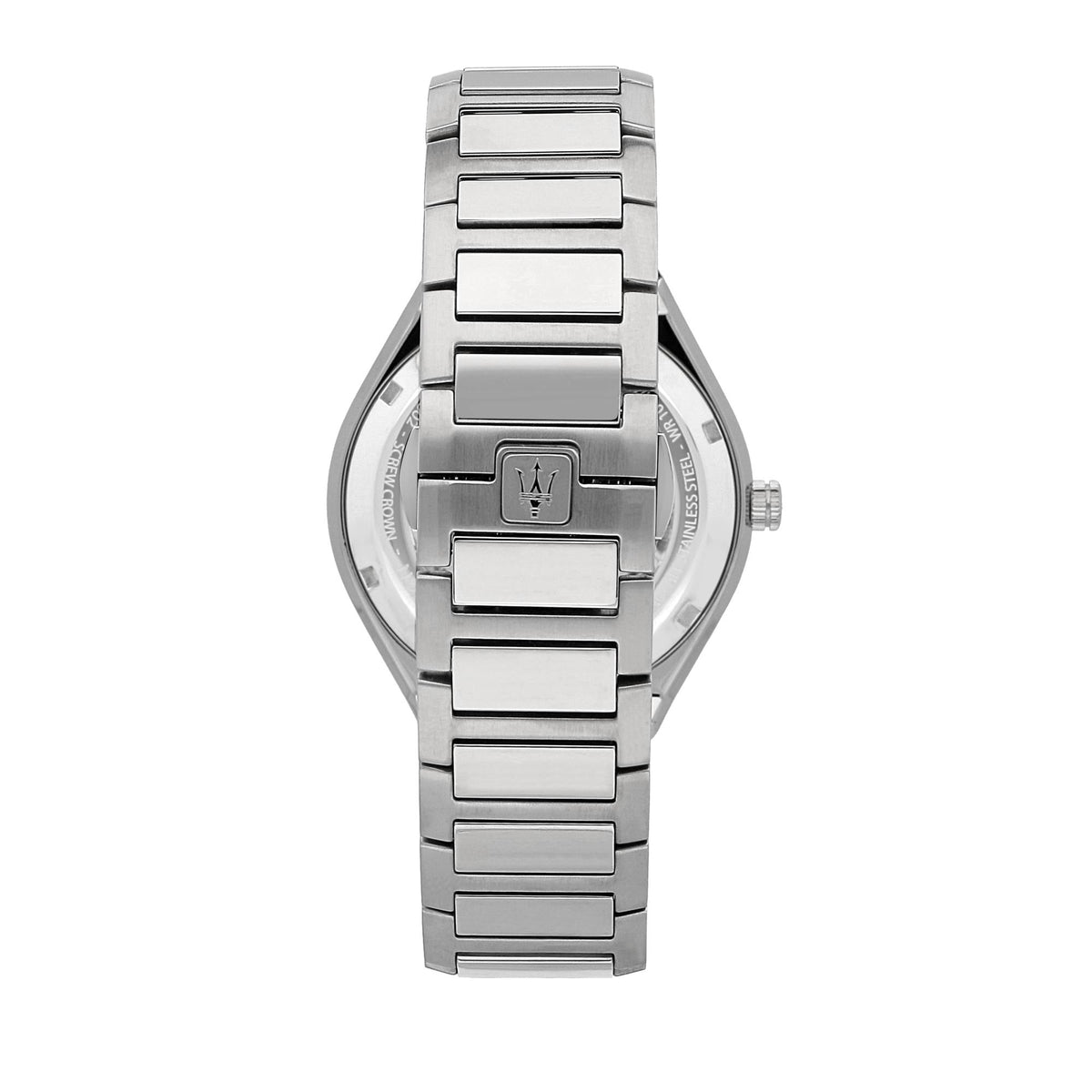 Back view of men's steel quartz watch case with matching bracelet clasp