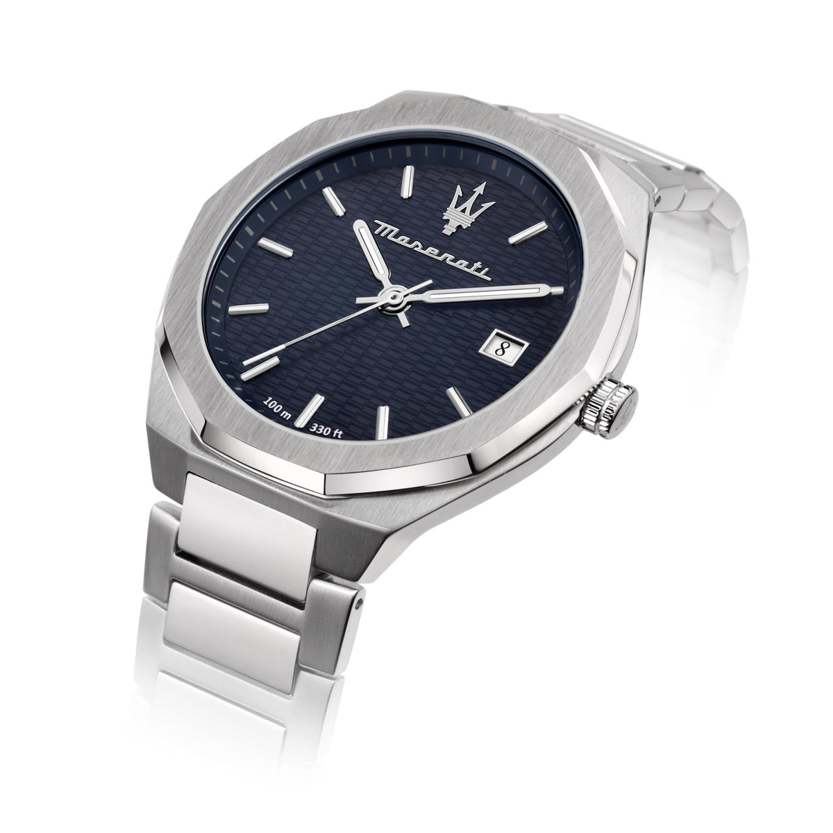 Men's steel quartz watch with blue dial, silver hands, and date window