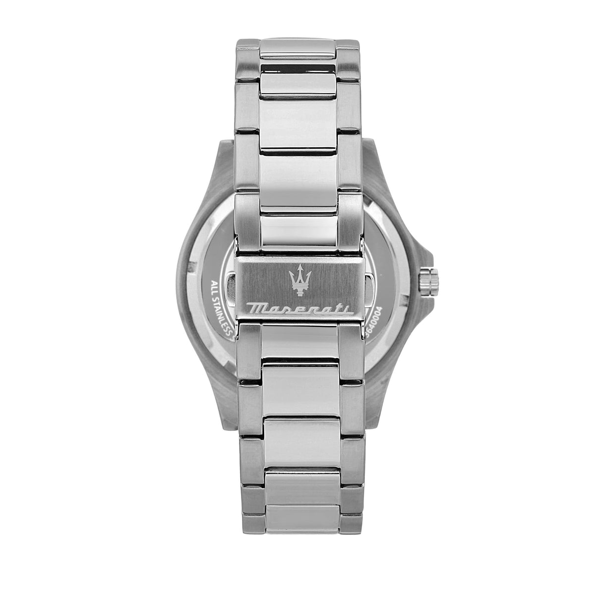 Maserati GMT quartz watch case with steel bracelet, side view.