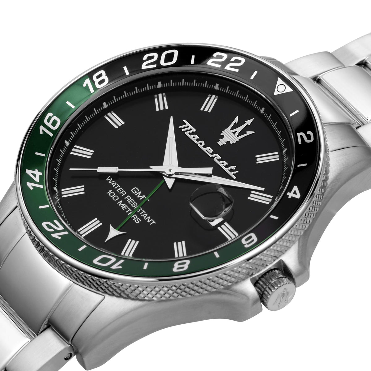 Close-up Maserati GMT quartz watch with black dial, green bezel, and steel bracelet.