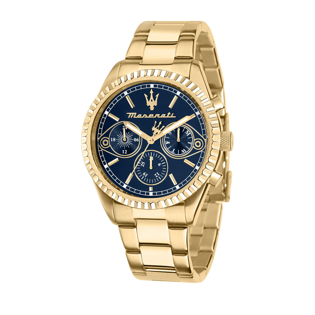 Men's gold-tone chronograph watch with blue dial, three subdials, and gold bezel