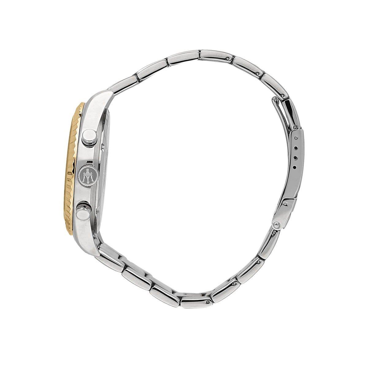 Two-tone steel bracelet band with gold center links and metal clasp