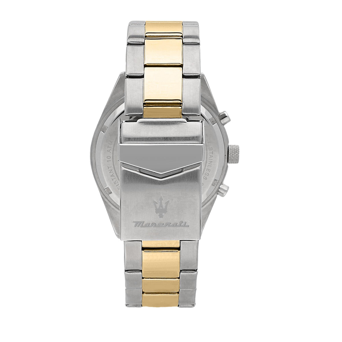 Two-tone steel watch case with gold center links and side crown, dial facing away