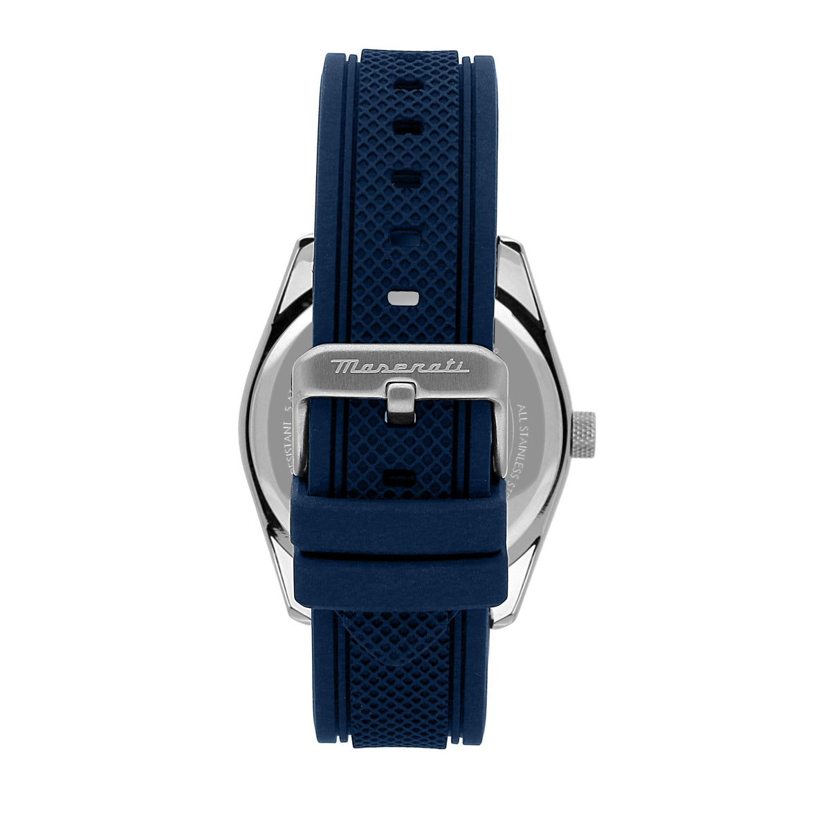 Men's Maserati quartz watch, blue silicone strap and silver case back, buckle detail