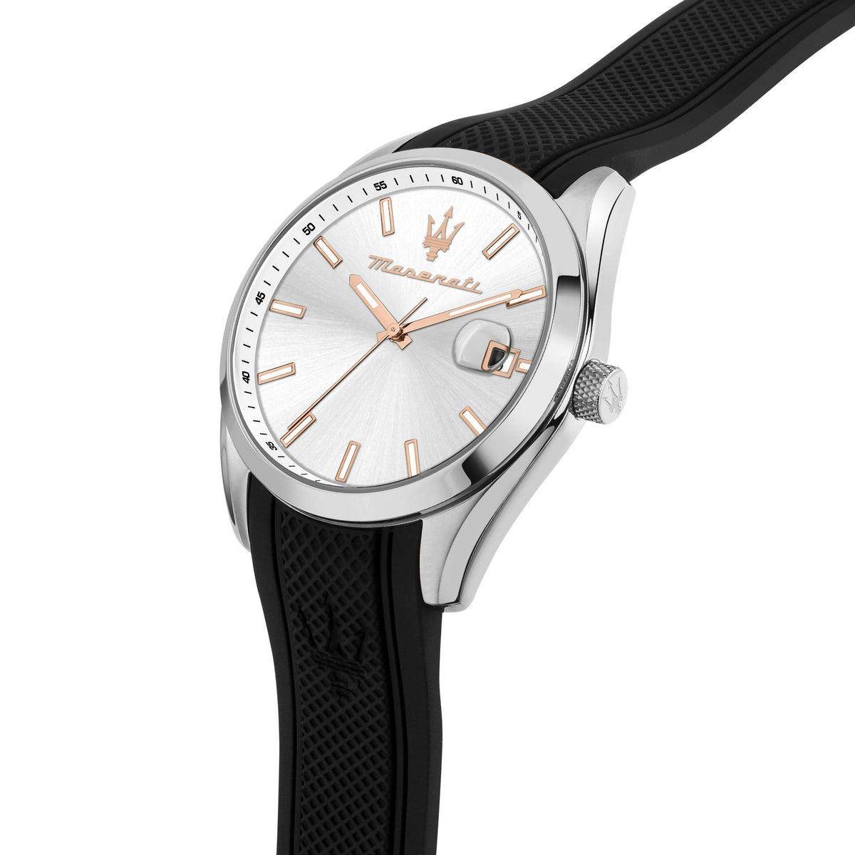 Maserati men's quartz watch close-up: silver dial, date window, black silicone strap
