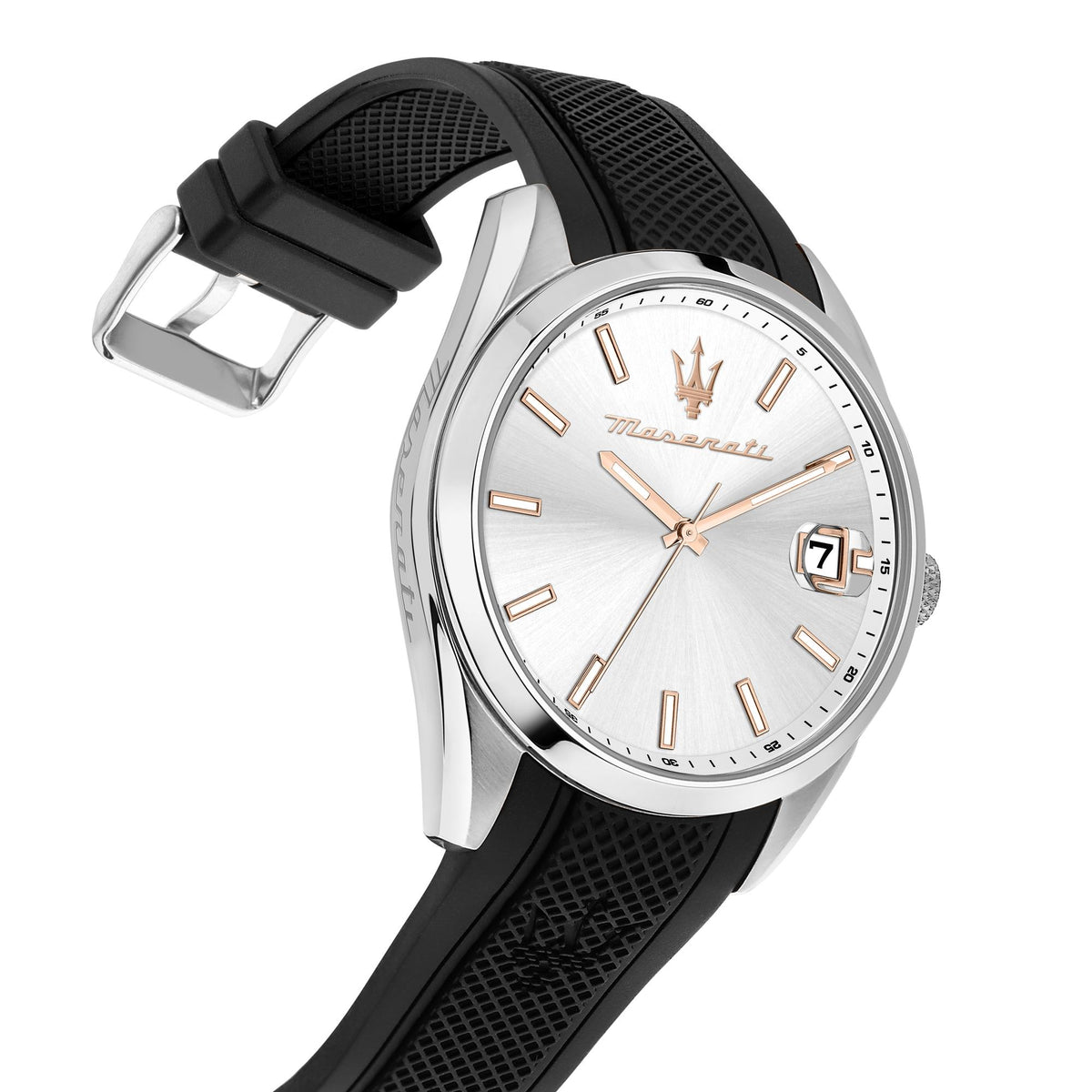 Maserati men's quartz watch angled view with silver case, silver dial, black strap
