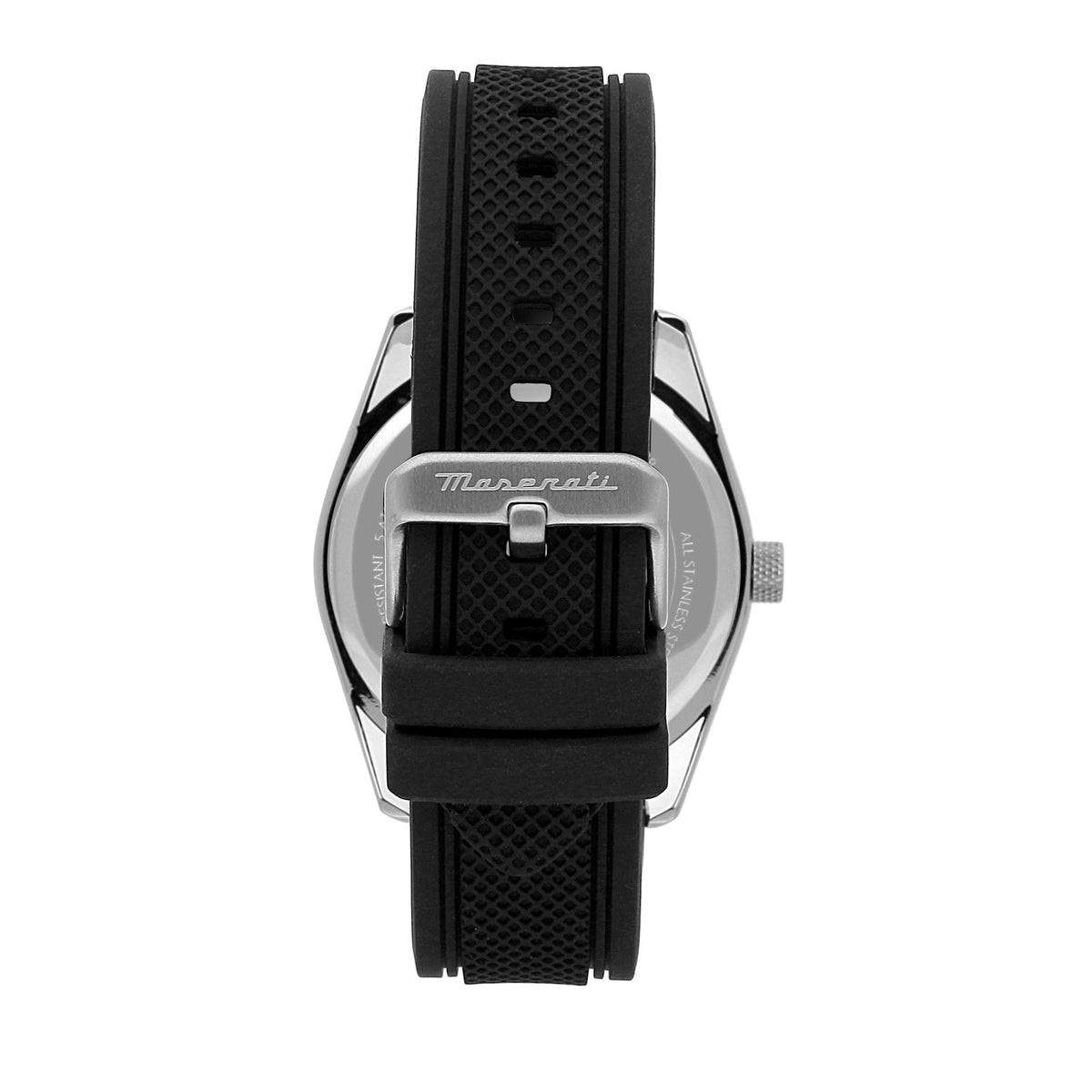 Men's black silicone strap watch with silver case back and engraved clasp area