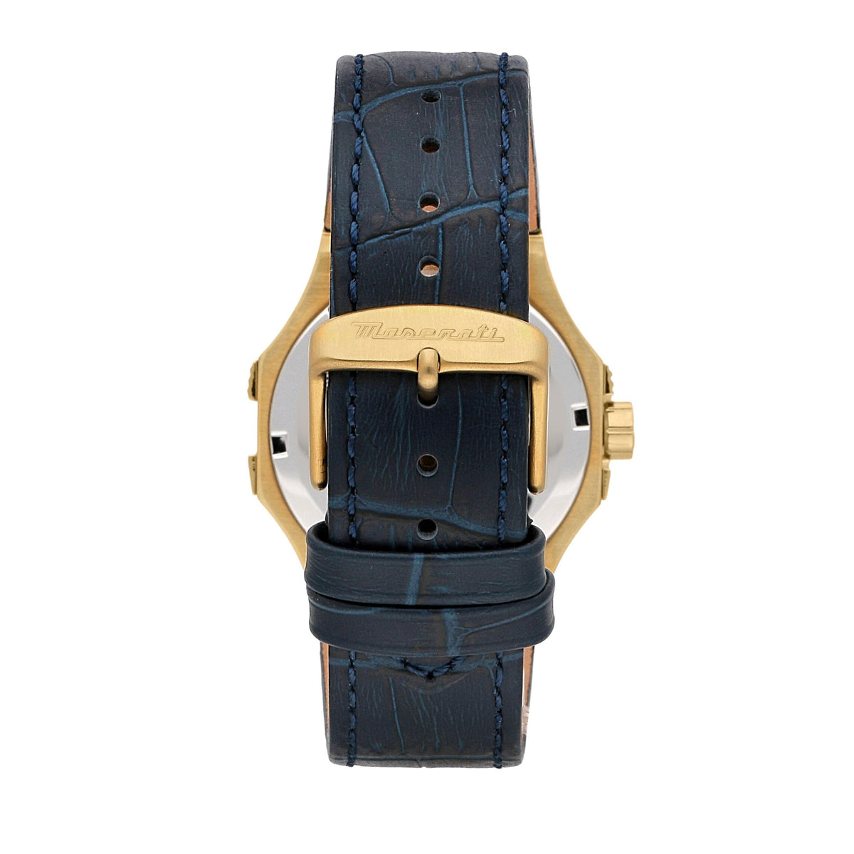 Men's Maserati quartz watch with blue leather strap and gold-tone caseback